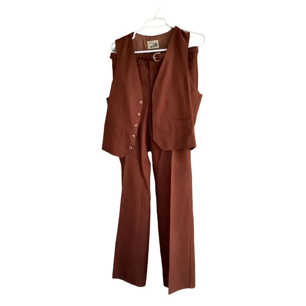 Iconic/Vintage/Retro Genuine 1970s Unisex Brown Vest & Pants Suit - Picture 3 of 7
